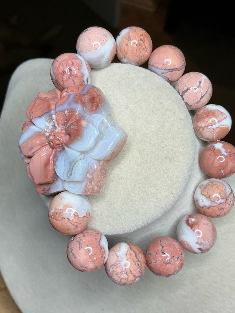 Pink Petal Agate 13mm with Flower Carving